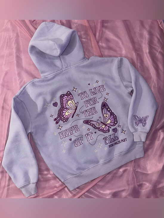 Pink Palm Puff Tops - Fairycore Y2K Butterflies Embroidered Hoodie XS